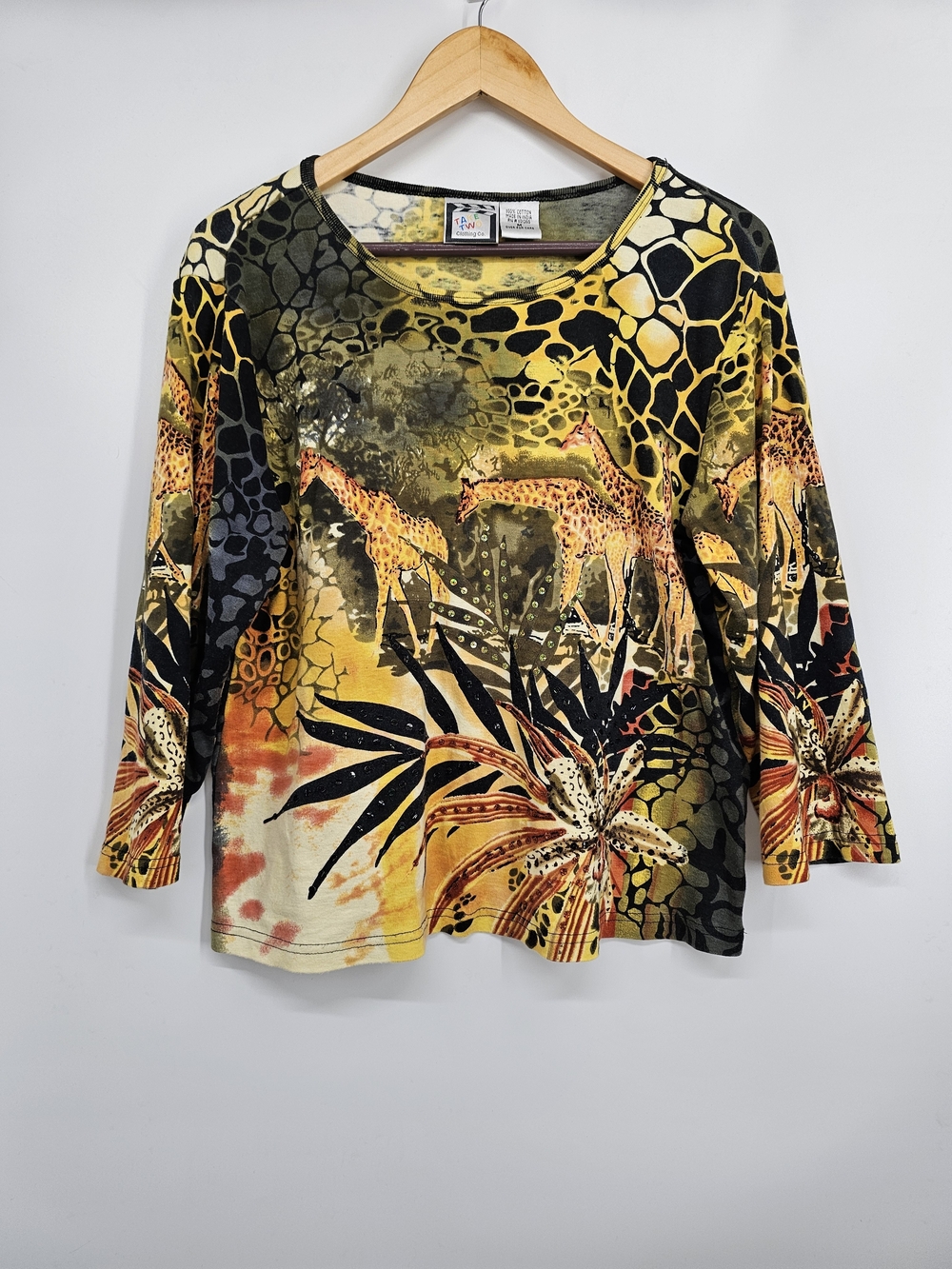 Vintage Take Two Clothing Co Giraffe Safari Rhinestone Top Y2K Cotton M